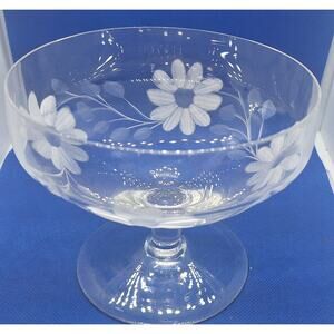 Vintage Round Glass Candy Dish- Etched Floral Design 5.25" Wide x 4" Tall nice